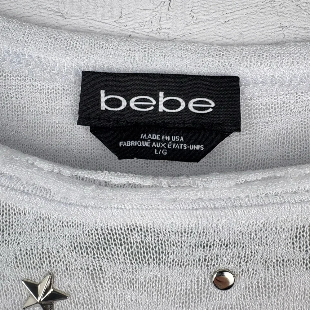 Bebe Womens Stars and Dots Studded White Tee Shirt Sz Large Gauze Fabric Raw Hem - Picture 3 of 8
